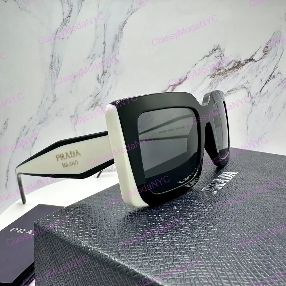 New PRADA Sunglasses Black White Talc Gold Symbole Logo Womens Rectangle